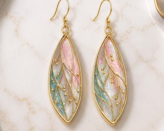 Pastel Leaf Stained Glass Earrings – Handmade Gold Framed Nature Inspired Dangle Earrings for Women.