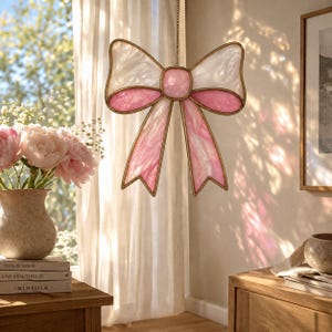 Stained Glass Bow Suncatcher Digital pattern, Pink Ribbon Window Hanging, Handmade Glass Bow Decor, Coquette Room Decor,  Wall Hanging,