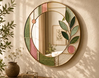 Luxury Round Stained Glass Wall Mirror | Handmade Botanical Glass Mirror | Modern Home Decor.