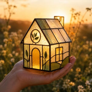 May include: A stained glass house sculpture featuring textured green and amber panels with black metal soldering. The design includes a circular window with a leaf motif, a rectangular door, and a small chimney, illuminated from within by warm light.