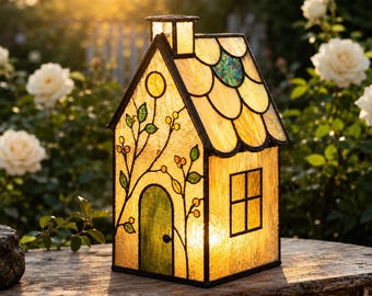 Handmade Stained Glass House Lantern, Tiffany Style Cottage Lamp, Illuminated Glass Cottage Decor, Lighted Home Accent Gift.