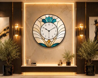 Handgefertigte Glasmalerei Wanduhr | Luxus Kunst Glas Wohnkultur | Dekorative Wanduhr Blau Weiß | Elegante Wohnzimmer Wandkunst.