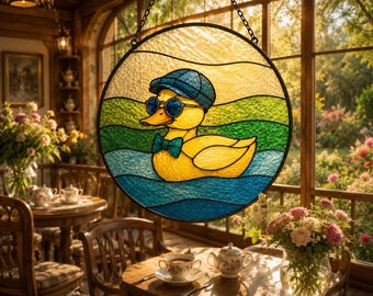 Cute Duck Stained Glass Suncatcher, Handmade Yellow Duck Window Decor with Blue Hat & Bow Tie, Glass Hanging.