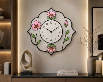 Luxury Stained Glass Wall Clock | Floral Clock | Handmade  Flower Glass Wall Decor  |  Luxury Home Decor | Unique Gift for Living Room.