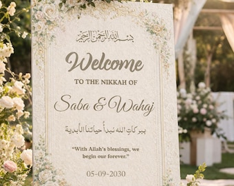 Floral Islamic Wedding Welcome Sign, Editable Nikkah Canva Template, Ceremony & Reception Entrance Board