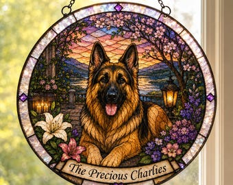 German Shepherd Dog Stained Glass Art – Custom Pet Portrait Suncatcher, Memorial Keepsake Gift.