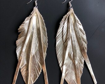 Metallic Champagne Leather Feather Earrings, Lightweight Statement Piece