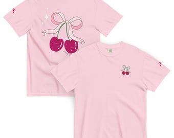 Pink Cherry Coquette Shirt • Comfort Colors Graphic Tee • Girly Bow Aesthetic • Cute Feminine Cottagecore T-Shirt