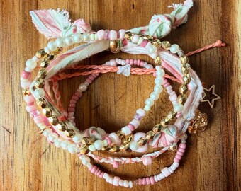 Boho Pink Beaded Bracelet Stack | Pearls, Gold Accents, Fabric Tie (5-Piece Set)
