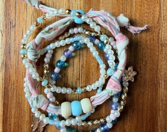 Boho Blue Pearl Gold Beaded Bracelet Stack | Layered Stretch Fabric Jewelry