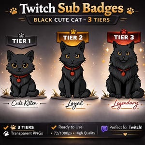 May include: A graphic featuring three black cat Twitch sub badges, labeled Tier 1, Tier 2, and Tier 3. Each cat wears a red collar and sits on a patch of grass. Text includes "Cute Kitten," "Loyal," and "Legendary."