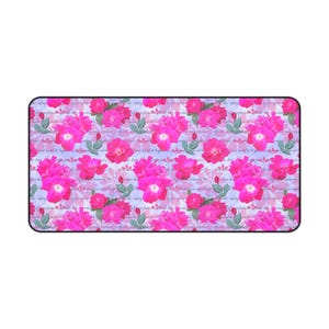 May include: Rectangular mousepad featuring a floral pattern of vibrant pink roses and green leaves against a light blue background. The design includes faint script text, creating a romantic and decorative aesthetic.
