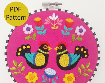 Love Birds Embroidery Pattern: Modern Floral Design (PDF Pattern)