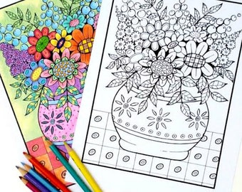 Flower Vase Coloring Page: Hand Drawn Floral Art Therapy (PDF)