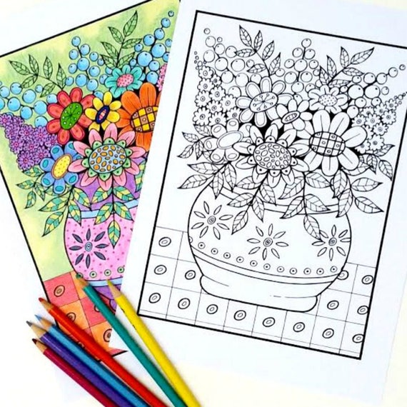 Download Flower Vase Adult Coloring Book Page Diy Printable Hand Etsy