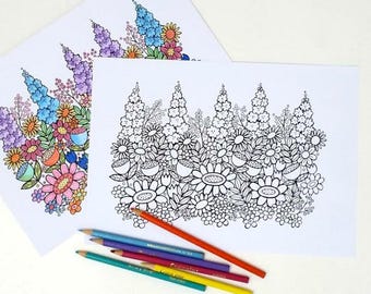 Flower Border Adult Coloring Book Page, DIY Printable, Hand Drawn