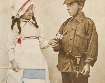WWI Hand‑Painted RPPC – Rotary Photo London – Children in Patriotic Costumes – 1911–1916 British Postcard