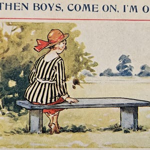 May include: Vintage postcard with the text "NOW THEN BOYS, COME ON, I'M ON FORM!". The illustration depicts a person in a striped outfit and hat sitting on a bench in a park setting. The card has a red border.