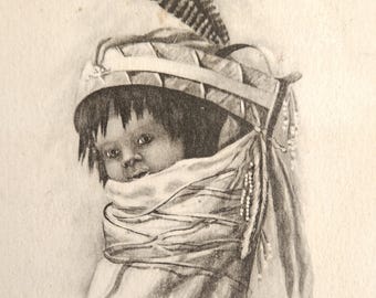 Moki Illustrated Cradleboard Postcard – Native American Infant – 1910 Canvas Missouri Postmark – Early Art Series