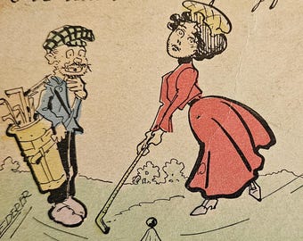 Early 1900s Golf Humor Postcard – Lederer Signed – Lady Golfer & Caddie – 1907 Cancel