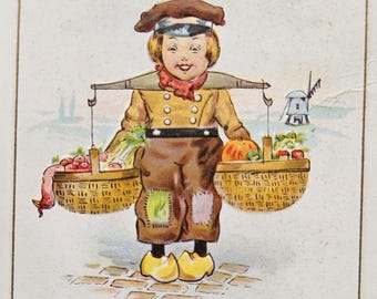 Embossed Thanksgiving Postcard – Jest a Greeting Fur Thanksgiving – Dutch Child with Produce Baskets – Series 319 C – Antique Holiday Card