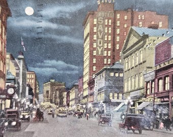 1915 Hotel Savoy Postcard – Second Avenue Seattle Washington – Moonlit Street Scene – Mailed to Wenatchee WA