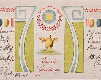 1913 Easter Greetings Postcard – Embossed Chick & Art Nouveau Design – German Printed by S. Langsdorf  and Co. – Antique Holiday Card