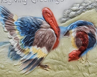 Tarjeta postal antigua con motivos de pavos de Acción de Gracias en relieve – S. Langsdorf & Co. – Hecho en Alemania