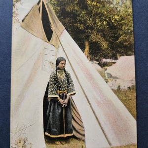 Good Morning Crow Indian Maiden Postcard – Tipi Camp Scene, Wyoming Publisher