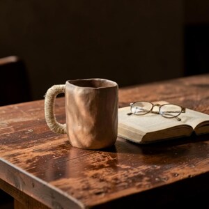 Handbuilt Rustic Clay Mug 270ml – Wabi Sabi Stoneware Coffee Cup with Rope Handle, Handmade Pottery Tumbler, Minimalist Gift