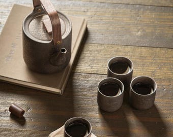 Juego de tetera de cerámica japonesa: tetera de cerámica gruesa hecha a mano con mango de madera