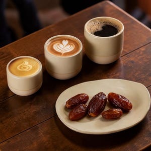 Könnte beinhalten: Draufsicht auf einen Holztisch mit drei beigefarbenen Keramik-Kaffeetassen und einem kleinen, ovalen Teller mit Datteln. Die Kaffeetassen enthalten Espresso, Latte Art und schwarzen Kaffee. Die Datteln sind braun und glänzend.