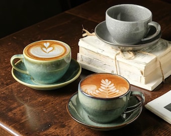 Gradient Ceramic Latte Mug Set – Handmade Coffee Cup with Saucer