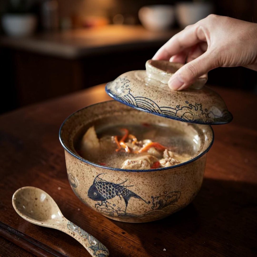 Japanese Ceramic Ramen Bowl with Lid 6.5 Inch Noodle Soup Bowl Asian Kitchen Tableware Gift