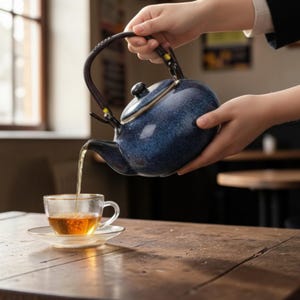 Op de afbeelding: Een blauwe keramische theepot schenkt thee in een heldere glazen theekop. De theepot heeft een donkerblauwe gespikkelde glazuur en een gouden rand. De theekop staat op een bijpassende schotel en de thee heeft een goudgele kleur.