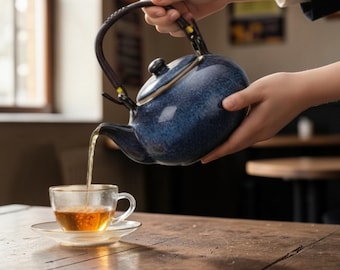 Handcrafted Blue Ceramic Teapot 800ml Japanese Inspired Stoneware Tea Pot with Woven Handle Brass Detail Zen Gift