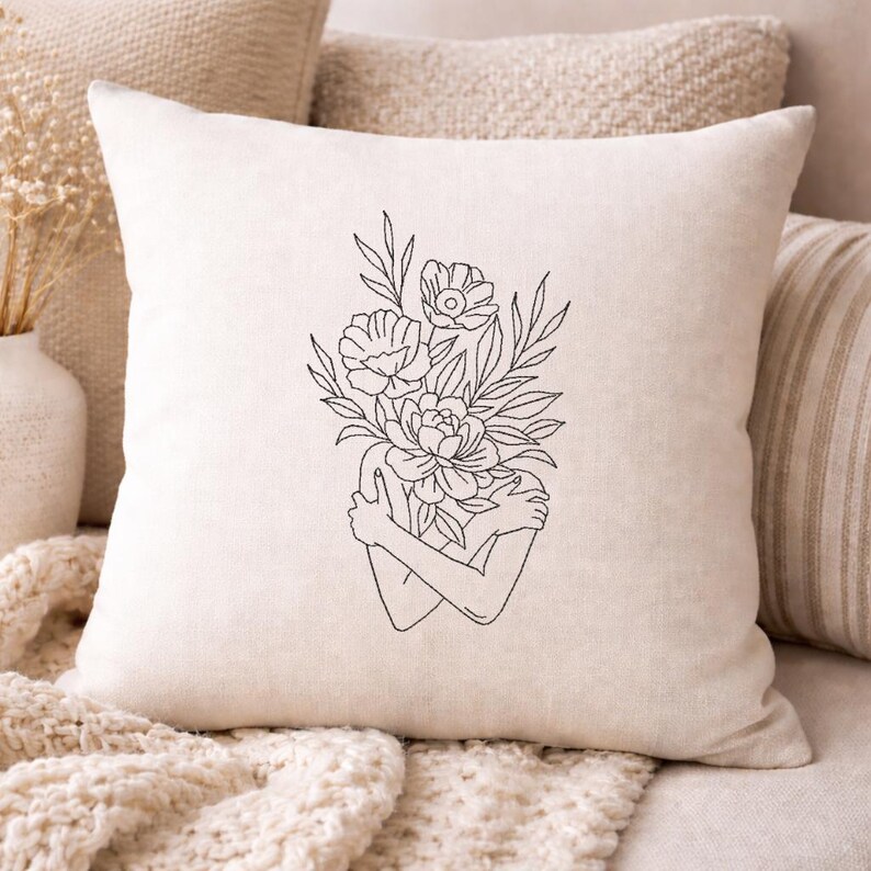 Self Love Floral Embroidery Design, Woman Line Art, Minimalist Pattern ...