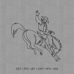 May include: A black single-line embroidery design on a gray fabric background depicting a cowboy riding a bucking horse with one arm raised. Below the illustration, the text reads DST • PES • JEF • EXP • VP3 • XXX in a simple black font.