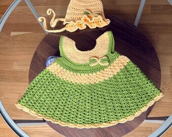 Baby Knitting Set Dress and Hat Gift Set Hand-knitted 100% Drops Saffron Wool for Newborns