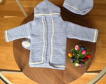 Baby knitting set: cardigan with hood and hat, gift set hand-knitted 100% Drops baby merino wool for newborns, light sky blue
