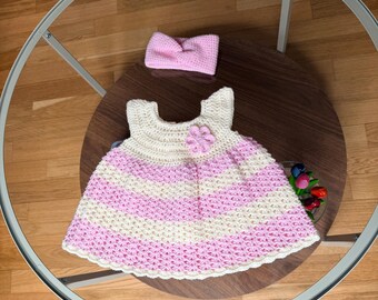 Baby knitting set dress and headband gift set hand-knitted 100% Drops Merino wool for newborns