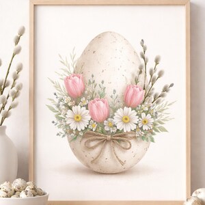 Peut inclure: Impression aquarelle d'une composition florale en forme d'œuf. L'œuf est moucheté et orné de tulipes roses, de marguerites blanches et de verdure, noué d'un nœud en ficelle. Un cadre en bois entoure l'œuvre. Un vase blanc avec des chatons et un bol d'œufs sont sur une étagère en bois.