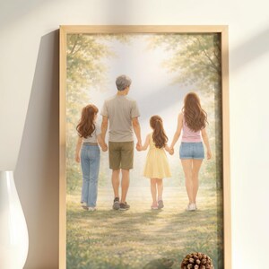 Peut inclure: Un portrait de famille encadré représente une famille de cinq personnes s'éloignant sur un chemin. L'œuvre est dans un cadre en bois et est exposée sur une surface blanche à côté de vases et de fleurs décoratives.