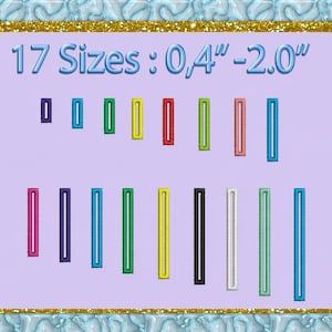 Puede incluir: Gráfico digital con 17 formas rectangulares de varios colores, que varían de 1,0 cm a 5,1 cm de tamaño. Las formas están dispuestas en dos filas sobre un fondo lavanda, con un borde decorativo.