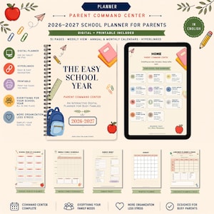 Puede incluir: Una agenda escolar digital e imprimible 2026-2027 para padres titulada The Easy School Year Parent Command Center. El conjunto incluye una portada con espiral, una tableta que muestra un panel de control y cinco plantillas de páginas.