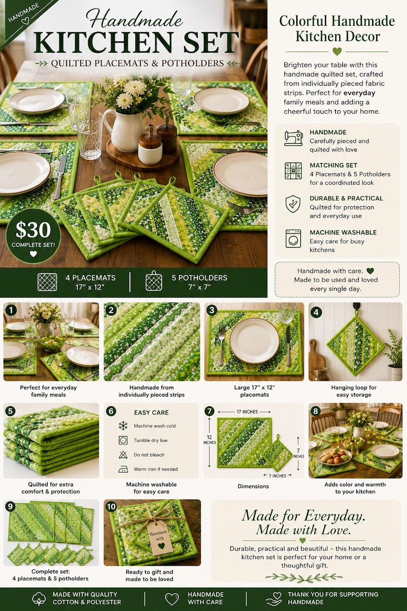 Handmade Patchwork Kitchen Set: Matching Quilted Placemats and ...
