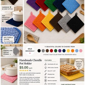 May include: A collection of square handmade chenille pot holders available in eleven distinct colors, including purple, red, green, blue, light blue, pink, orange, yellow, brown, gray, and black, each featuring a hanging loop and textured surface.