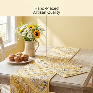 May include: A yellow floral table runner and matching pot holders are displayed on a wooden table. A vase of sunflowers and muffins on a plate add to the sunny aesthetic. The text "Bring Instant Sunshine to Your Table" is at the top.