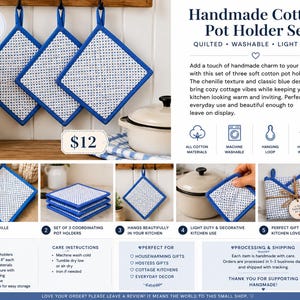 May include: A set of three square cotton pot holders featuring a white fabric with a blue grid pattern and solid blue trim. Each pot holder includes a blue fabric hanging loop at the top corner for storage. The set measures 8 inches by 8 inches.