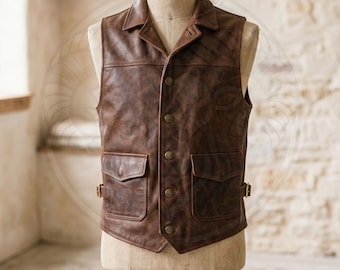Chaleco vaquero marrón, chaleco de cuero auténtico envejecido hecho a mano, estilo motero steampunk, moda vintage personalizada.